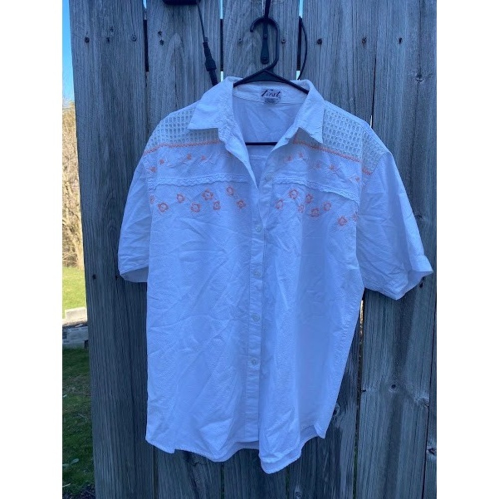 First Interview Vintage White‎ Cotton Embroidered Floral Crochet Lace Shirt L